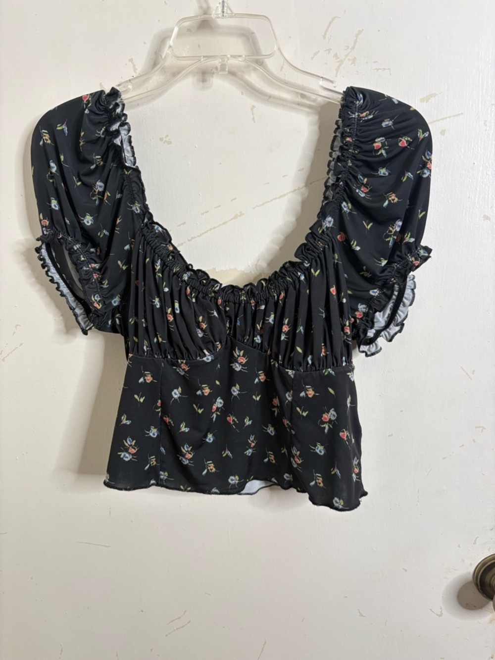 Urban Outfitters Black Floral Print Ruched Puff-Sleeve Blouse Peasant Top